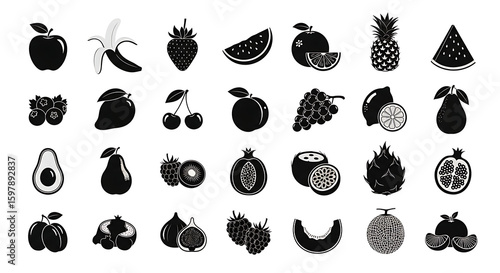 Collection of distinct monochrome fruit icons offers a varied selection of fresh produce in silhouette
