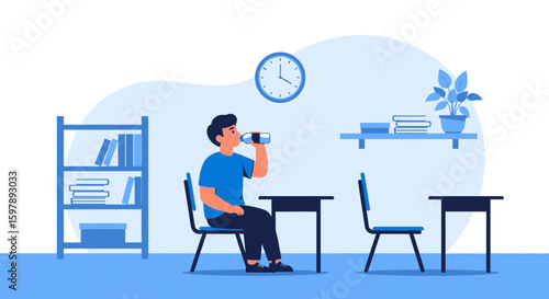 Student Taking A Hydration Break In Classroom While Studying Hard
