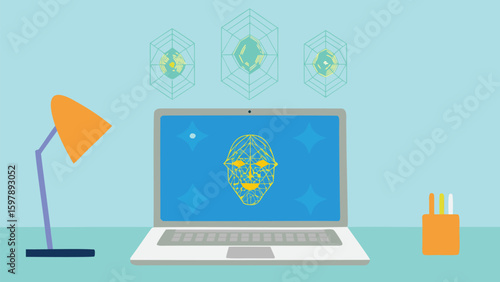 Laptop displaying a geometric face with desk lamp and floating geometric shapes above the screen