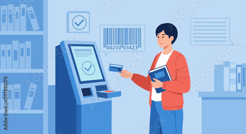 Young Adult Using Self Service Machine With Credit Card And Books