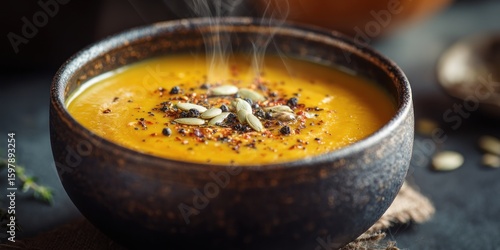 Steaming bowl of pumpkin soup, a vibrant autumn dish, is garnished with pumpkin seeds and spices, offering a warm and comforting culinary experience for food enthusiasts.