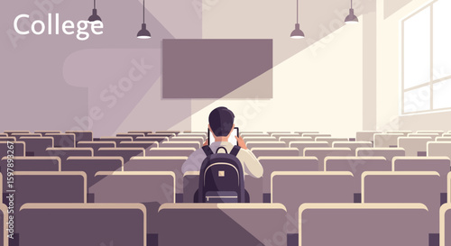 Student Using Tablet In Empty Lecture Hall During Online Education