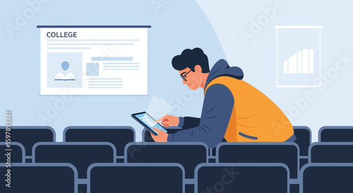 Student Using Tablet in Lecture Hall Attending Online College Presentation