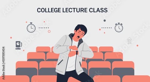 Student Yawning And Checking Time During University Lecture In Auditorium