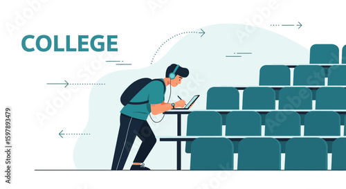 Student's Academic Journey Illustration With A Tablet And College Auditorium Seats