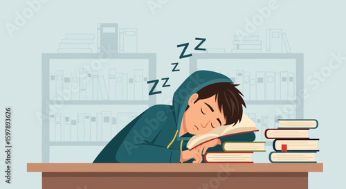 Student's Afternoon Nap on Books After Studying in Library
