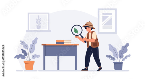 Young Botanist Examining A Leaf With Magnifying Glass In Home Environment
