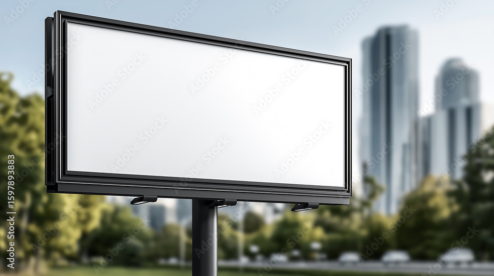 Fototapeta premium Large blank white billboard installed on a metallic frame structure in an urban street setting, with modern city buildings and natural sunlight illuminating the clean display for advertising mockups.