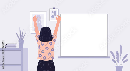 Rearranging Artwork Woman Personalizing Home Interior With Blank Canvas