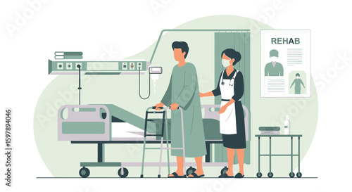 Rehabilitation Center Patient Assisted By A Masked Nurse With Walker In Room