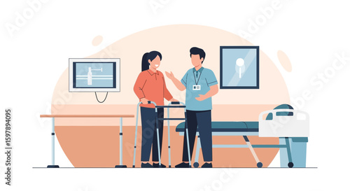 Rehabilitation Session With Professional Caregiver And Patient Using Walker