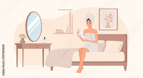 Relaxed Woman In Towel After Shower Examining Skincare Lotion In Bright Room