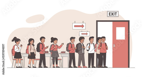 Students Leaving School In Orderly Fashion After Class Cartoon Illustration