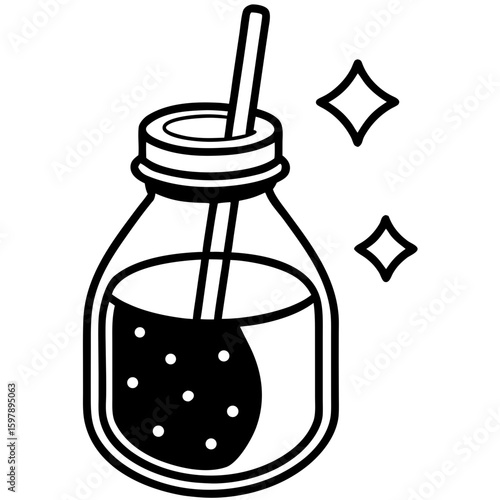 Detox juice bottle illustration featuring a straw in a simple line art style