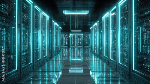Futuristic server room with glowing teal accents.