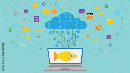 Laptop displaying a yellow fish with a cloud above and icons scattered on a teal background