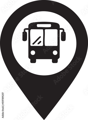 Minimalist Black Map Pin With Bus Vector Silhouette Icon Representing Transportation Bus Stop Travel Location Public Transit Route Concept Illustration Design

