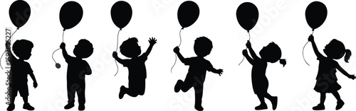 Children silhouettes balloons balloon hand holding boy child kid silhouette black white banner icon infographic illustration modern template minimal graphic design pattern poster creative isolated hap