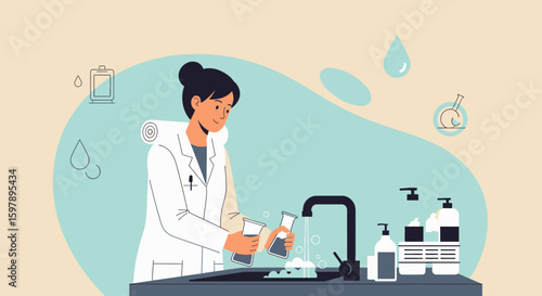Young Female Researcher Washing Laboratory Equipment in Scientific Setting