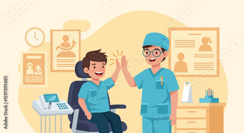 Successful Dental Visit With Smiling Patient And Dentist High Fiving
