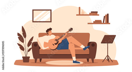 Relaxing Musician At Home Practicing Guitar On Sofa In Cozy Living Room