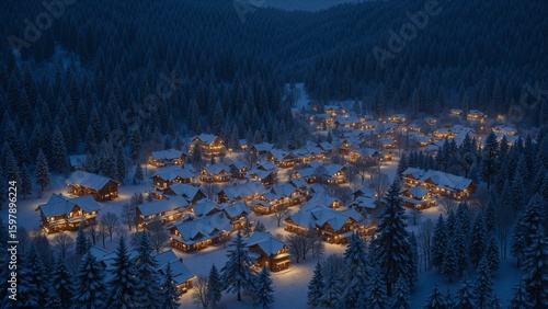 Aerial view of cozy wooden cabins glowing at night in snowy forest village winter holiday scene with pine trees, warm lights, peaceful atmosphere, alpine landscape, Christmas travel and seasonal get