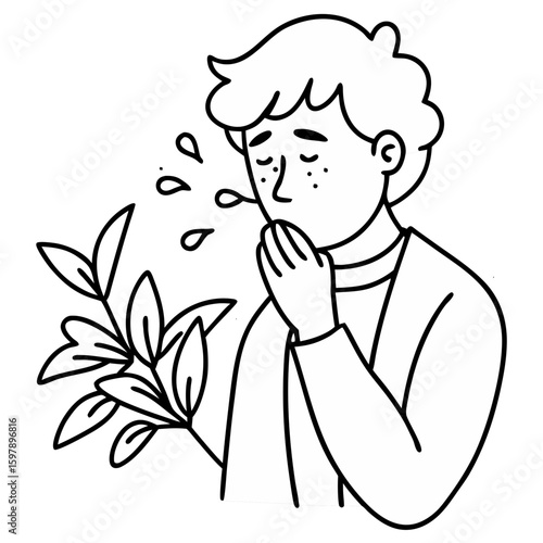 Person experiencing hay fever illustration showcasing allergies and nature in a simple line art style