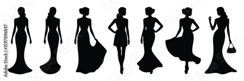 Woman women female silhouettes silhouette vector business shopping dress fashion art people beauty style lady girls model person body hair dancing party dance gowns dresses elegant banner icon infogra