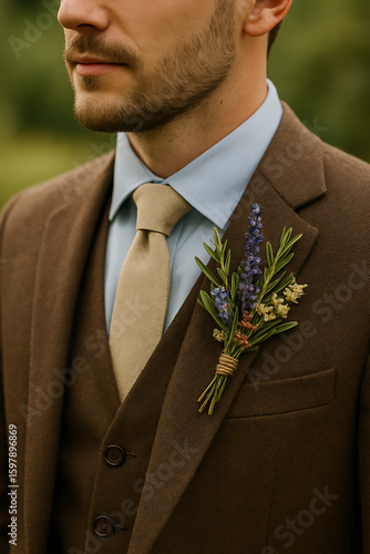 Close-up of a groom in a brown suit with a rustic wildflower boutonniere.