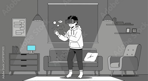 Young Man Experiencing Immersive Virtual Reality Inside Modern Living Room Illustration