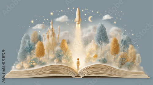 Surreal Storybook World: Rocket and Castle Emerge from Open Book in Dreamlike Fantasy Scene. National Literacy Month