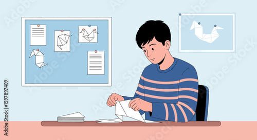 Young Man Is Creating Origami Art In His Spare Time At Home