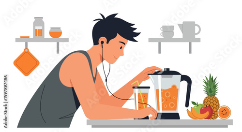 Young Man Is Making Healthy Fruit Smoothie At Home In The Kitchen