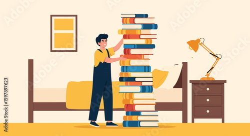 Young Man Lifting Heavy Stack Of Books In His Bedroom Home Concept
