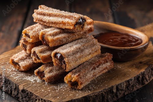 Delicious churros filled with chocolate and sprinkled with sugar are stacked on a wooden board, ready to be dipped in a bowl of rich chocolate sauce.