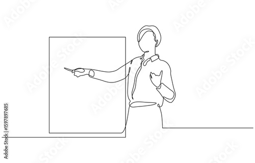 Continuous one line drawing of a young woman teacher giving a lesson in from of the class, Female teacher teach in classroom at school. Single line draw design vector editable stroke.
