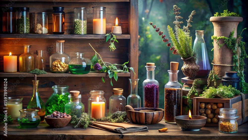 Fototapeta premium Apothecary shelf displays vintage bottles, herbs, and glowing candles indoors.