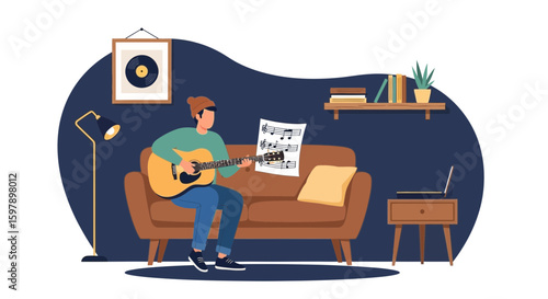 Young Man Playing Guitar And Reading Music At Home In Cozy Living Room