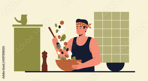Young Man Preparing Fresh Salad With Vegetables At Home For Healthy Lifestyle