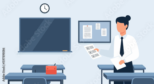 Teacher Grading Exam Papers In Classroom With Blackboard And Desks Minimalist Vector
