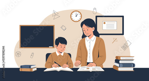 Teacher Helping Student With Homework In Classroom Education Concept Design