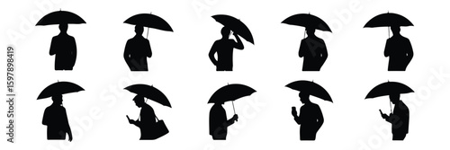 People umbrellas umbrella rain weather silhouette vector protection cartoon water symbol art color business logo style new sun phones silhouettes black white banner icon