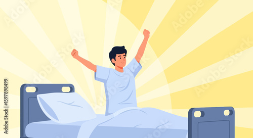 Young Man Stretching In Bed Awakening To Morning Sunlight For Healthy Lifestyle