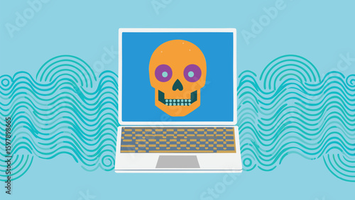Laptop displaying a skull on screen with wavy background and checkered keyboard design visible on device