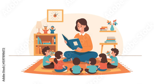 Teacher Reading Story To Children On The Carpet In Classroom Learning Together