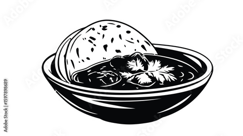 Bowl of Indian curry with cilantro and roti bread, monochrome illustration