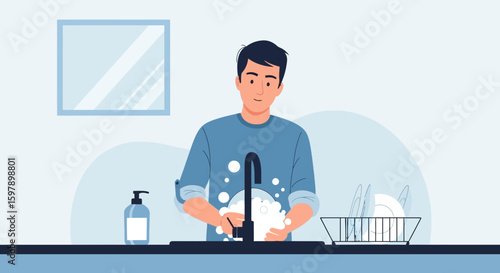 Young Man Washing Dishes In The Kitchen Sink During Daily Cleaning