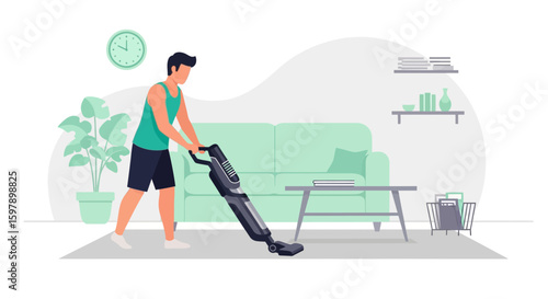 Young Man Vacuuming The Floor At Home In Living Room For Cleanliness