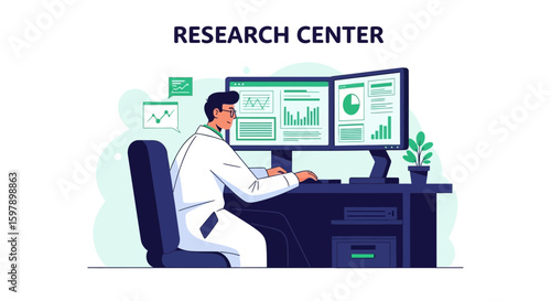 Scientist Analyzing Data On Dual Screens In Modern Laboratory Illustration