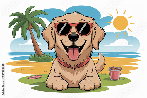 A cartoon golden retriever wearing sunglasses enjoys a sunny day at the beach with a palm tree and blue ocean
